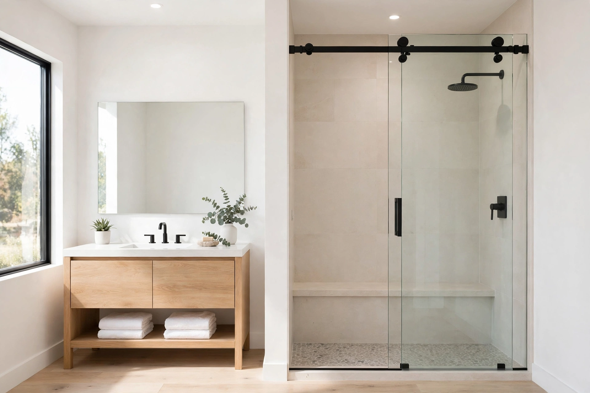frameless sliding shower doors with matte black hardware in a modern bathroom
