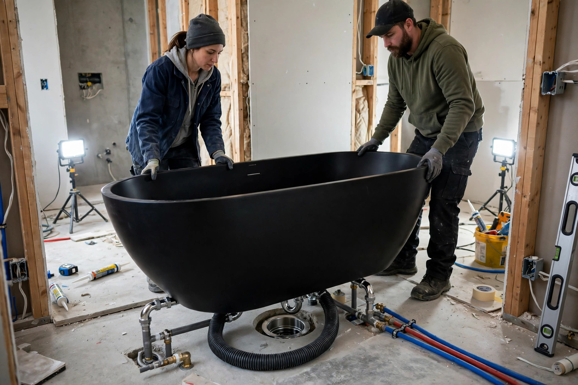 Freestanding tub installation over a bathroom floor drain