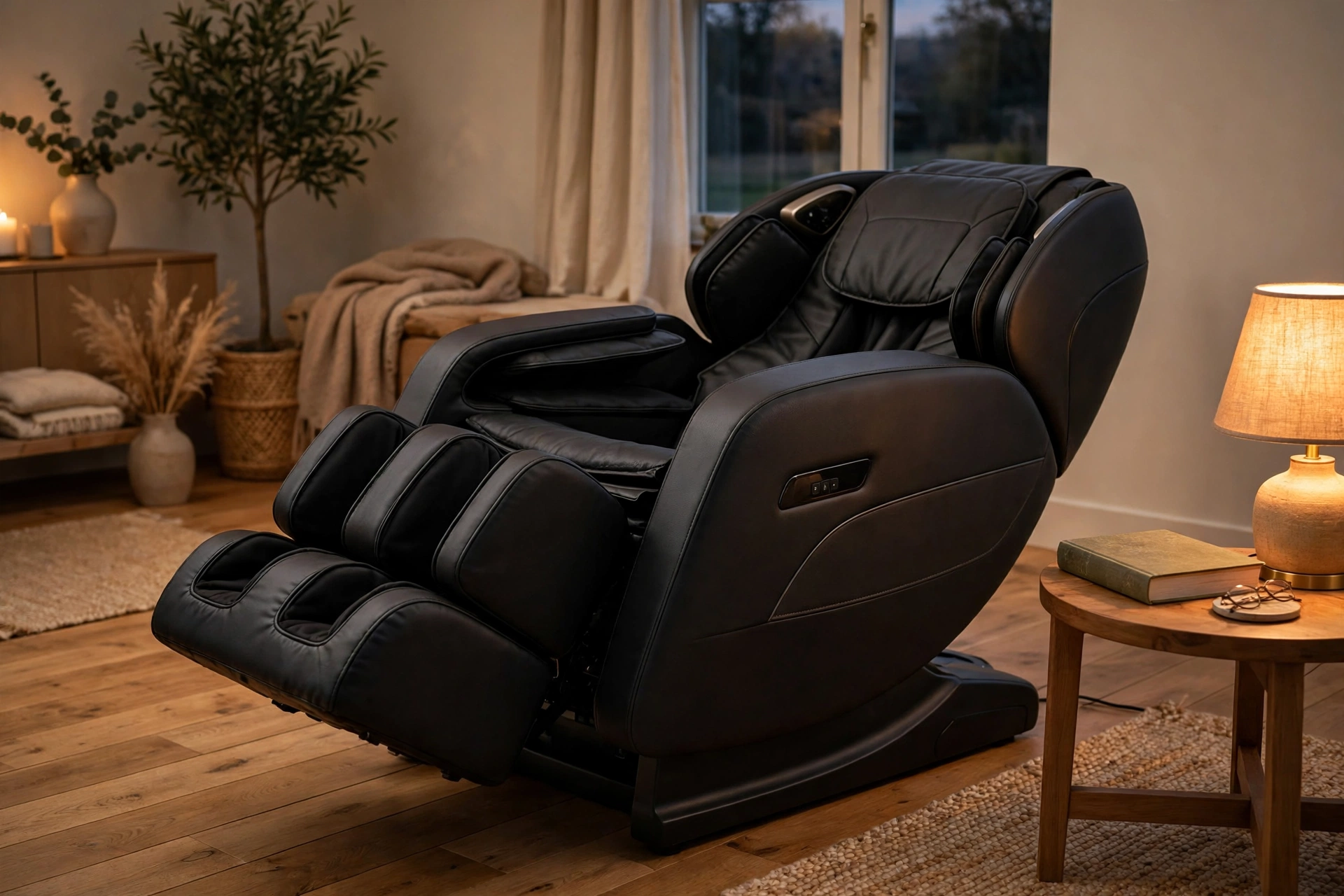 Full body massage chair in zero gravity recline position in a cozy living room