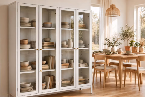 White glass sideboard cabinet with four tempered glass doors in a dining room