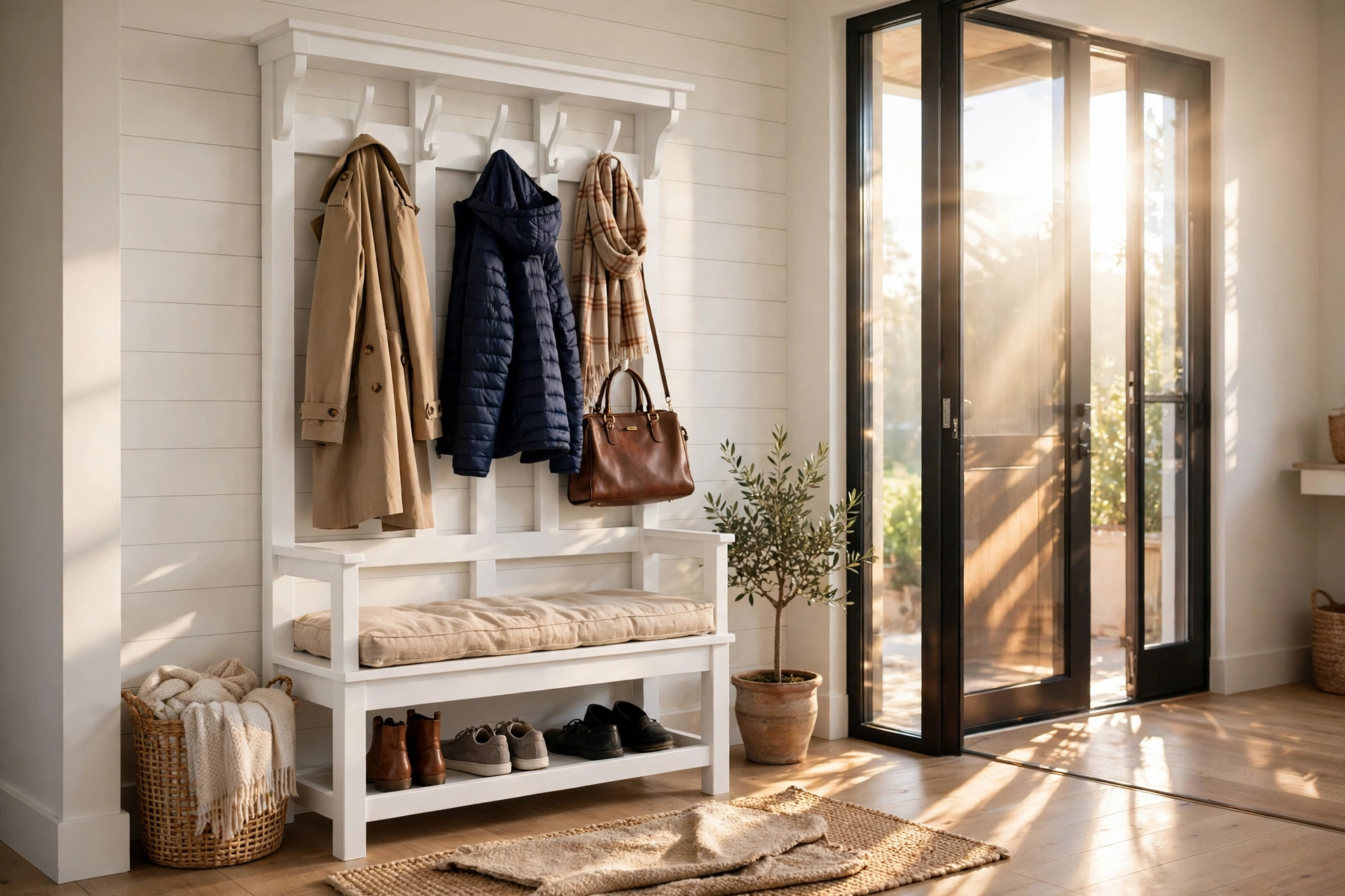 White hall tree with bench and coat hooks in a bright home entryway