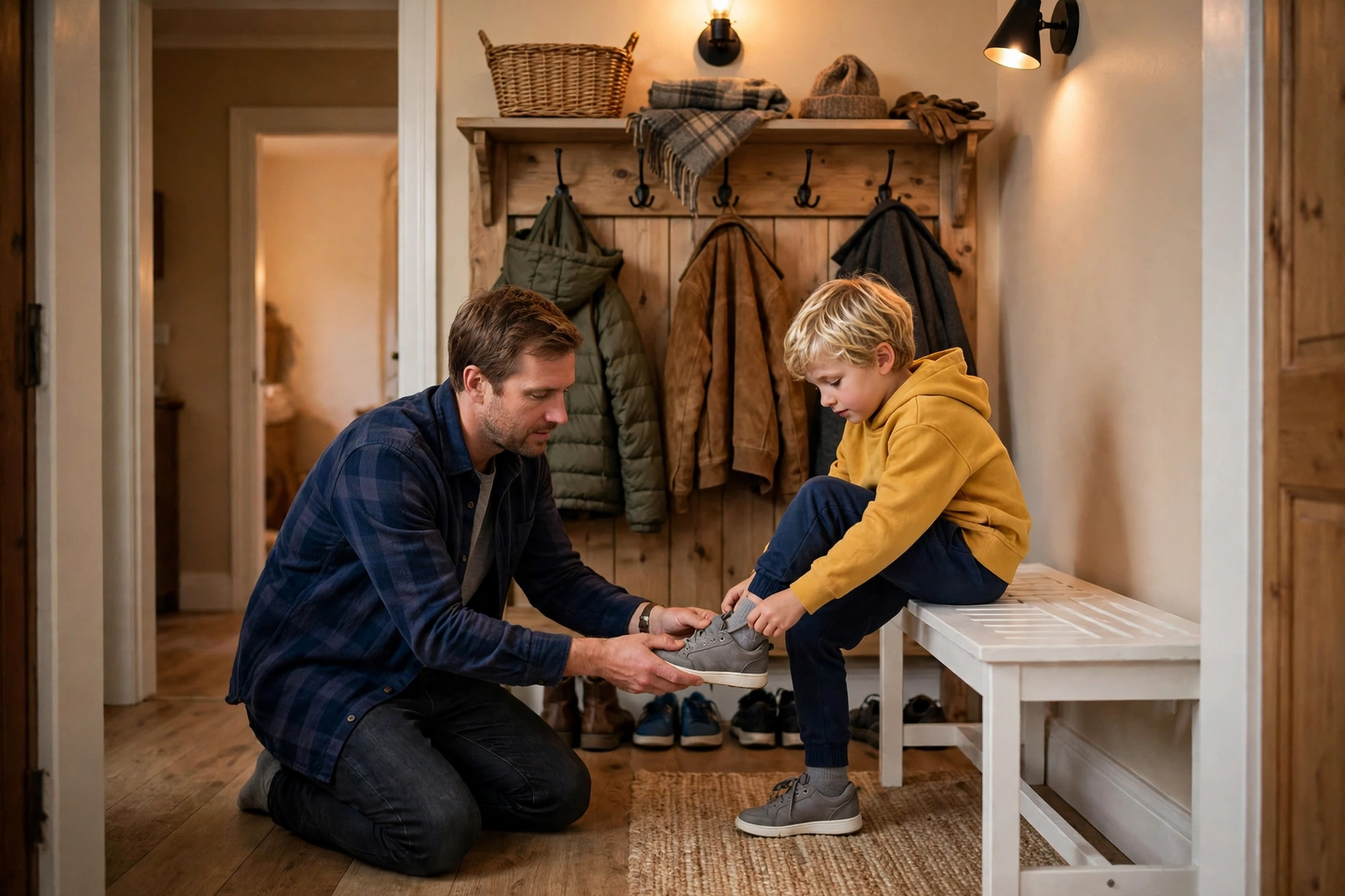 Parent helping child put on shoes on a hall tree with bench in the entryway
