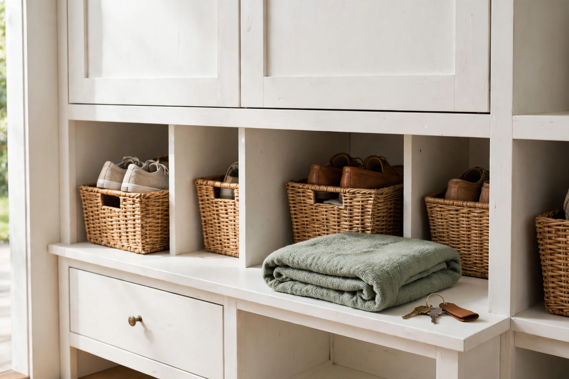 Hall tree with bench showing open storage cabinets, baskets, and neatly stored shoes
