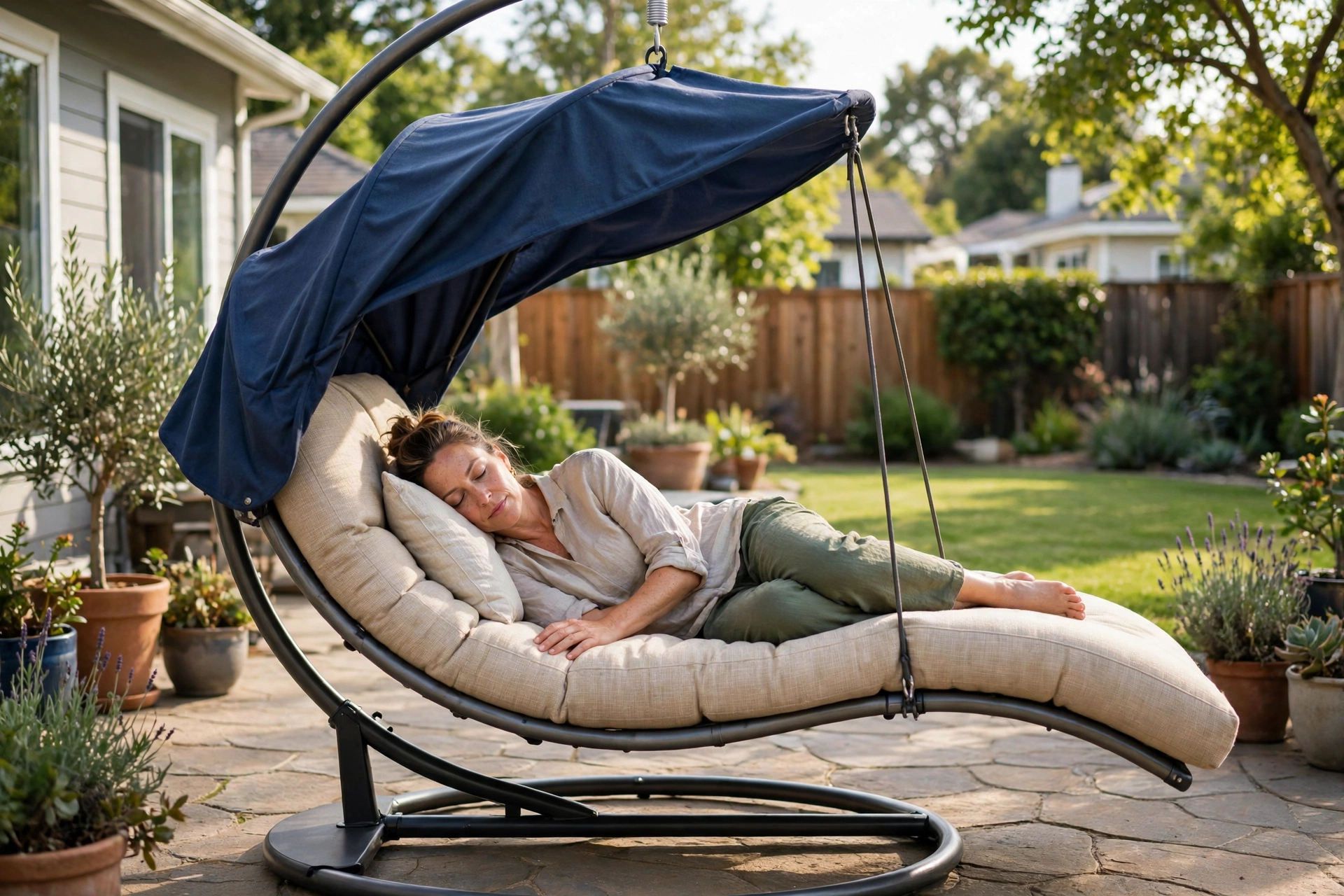 Hanging chaise lounger with removable navy canopy set up for an afternoon nap on a backyard patio