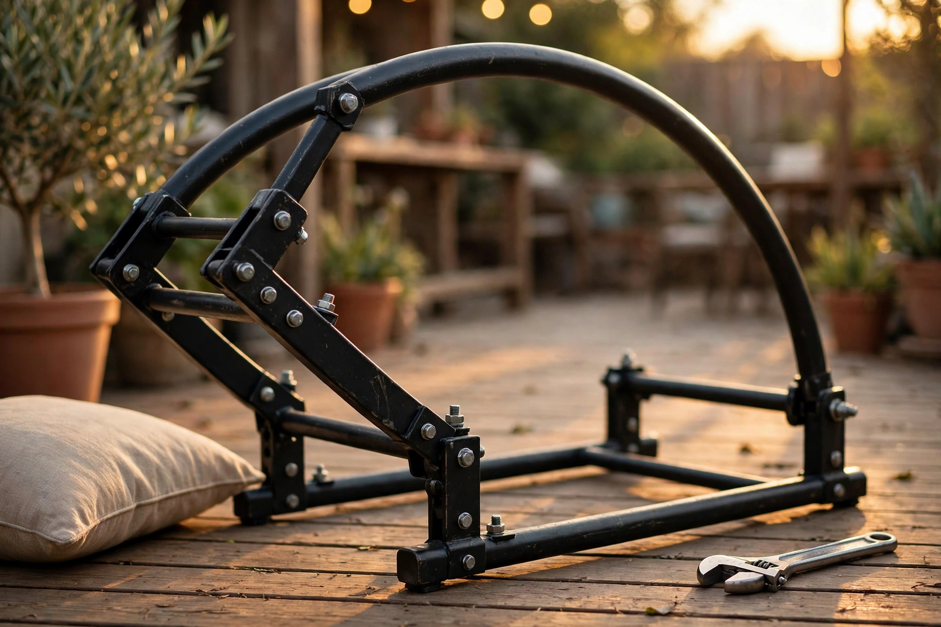 Hanging chaise lounger wide steel stand base during assembly on a wooden deck