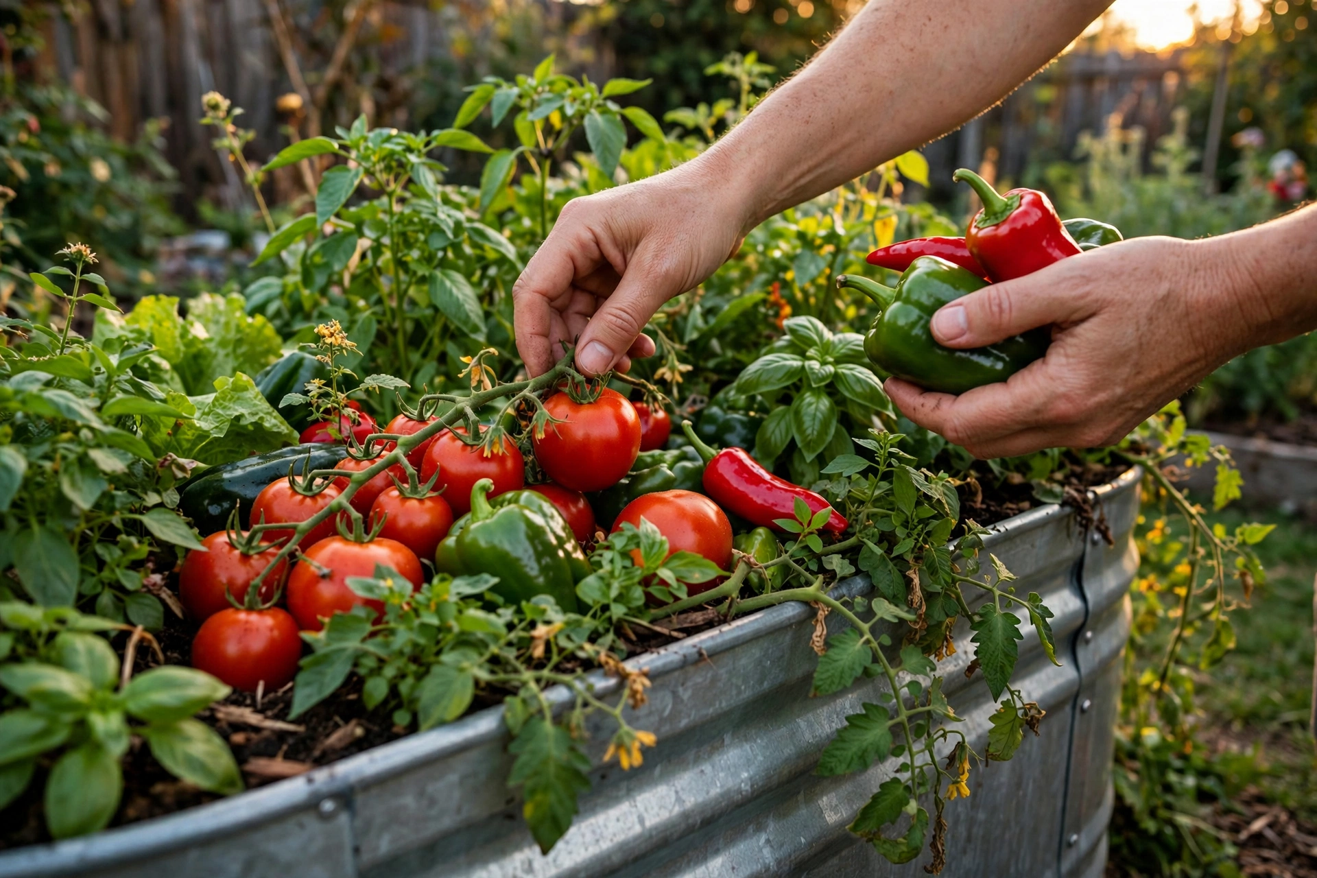 harvesting fresh vegetables from a metal raised garden bed kit