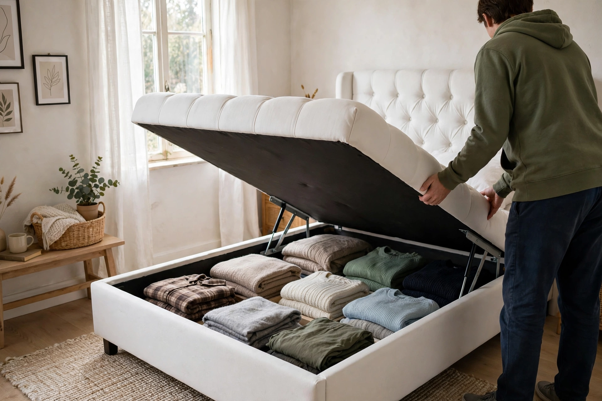 Hydraulic storage bed with lifted platform revealing under-bed storage compartment