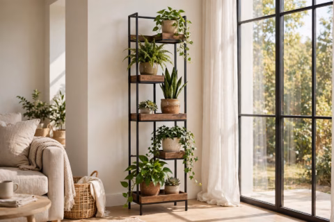 Indoor plant stand display rack with houseplants in a bright living room corner