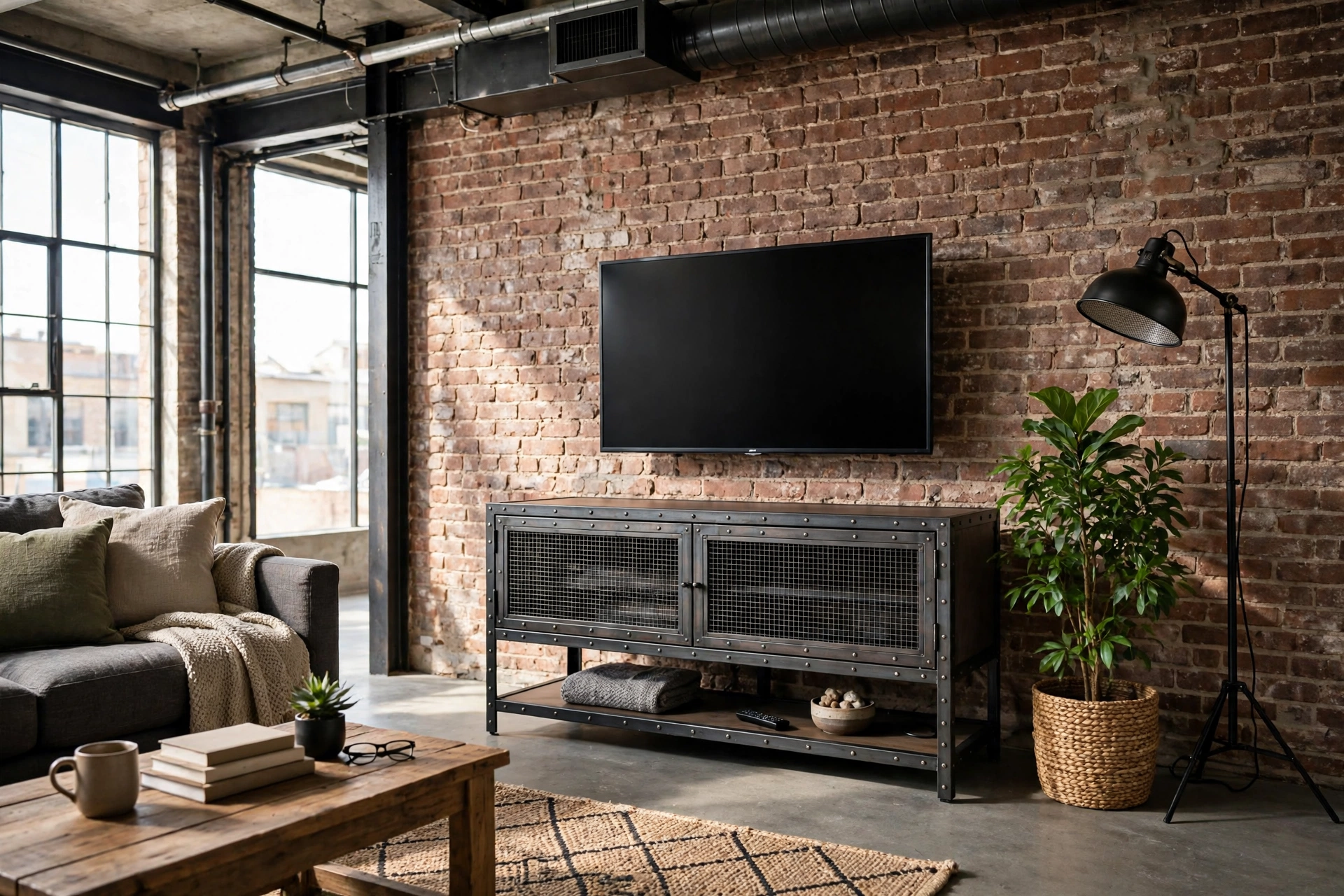 Industrial TV stand with metal mesh doors under a wall-mounted TV