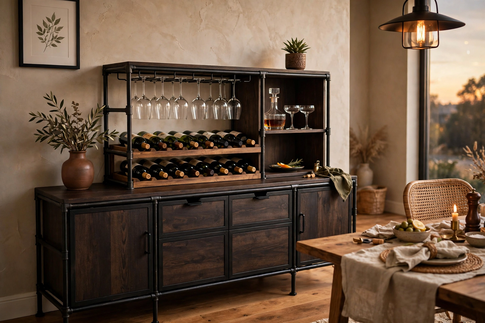 Industrial wine bar cabinet with wine rack in a dining room home bar setup