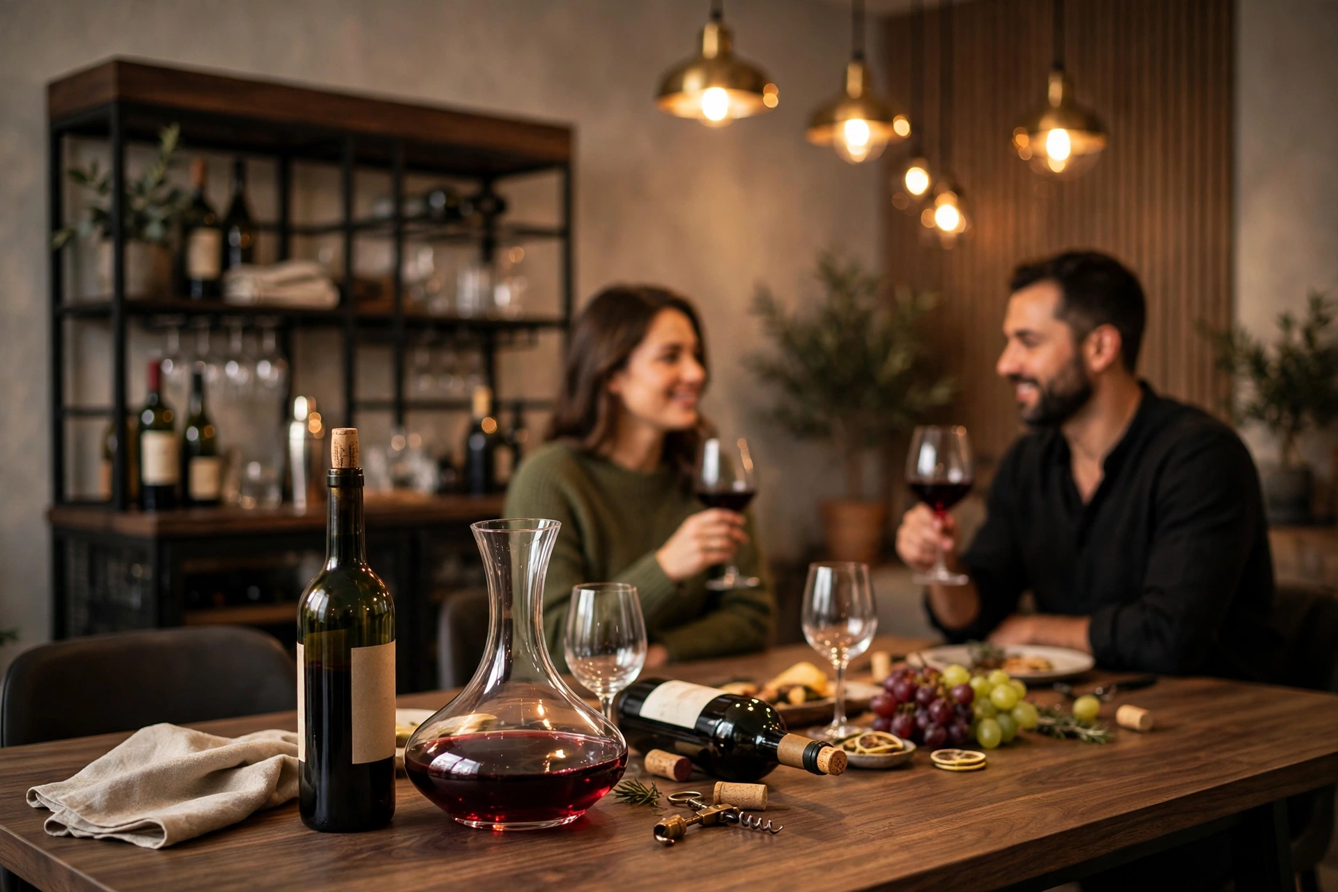 Industrial wine bar cabinet styled as a holiday drink station for guests at a dinner party