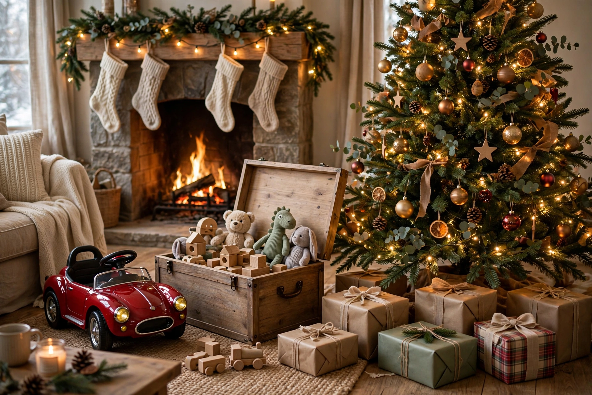 Christmas morning living room with a kids ride-on car as a holiday gift under the tree