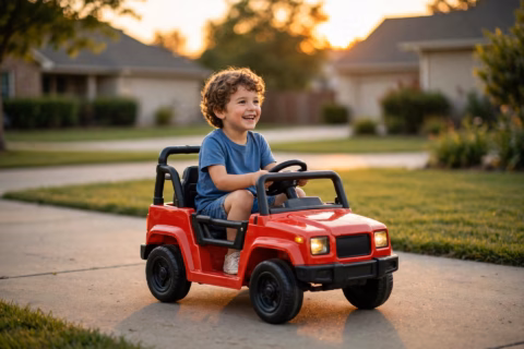 Child driving a red kids ride-on car in a suburban driveway at golden hour