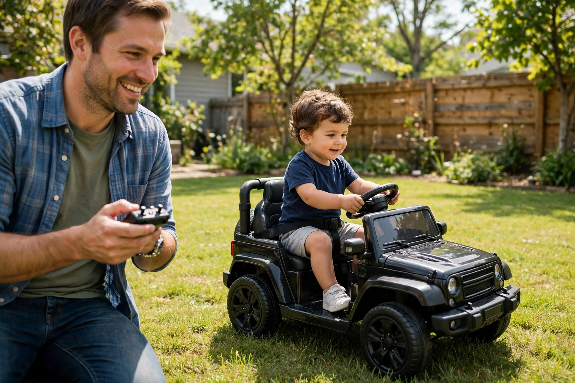 Parent holding a remote control while a child drives a kids ride-on car in the backyard