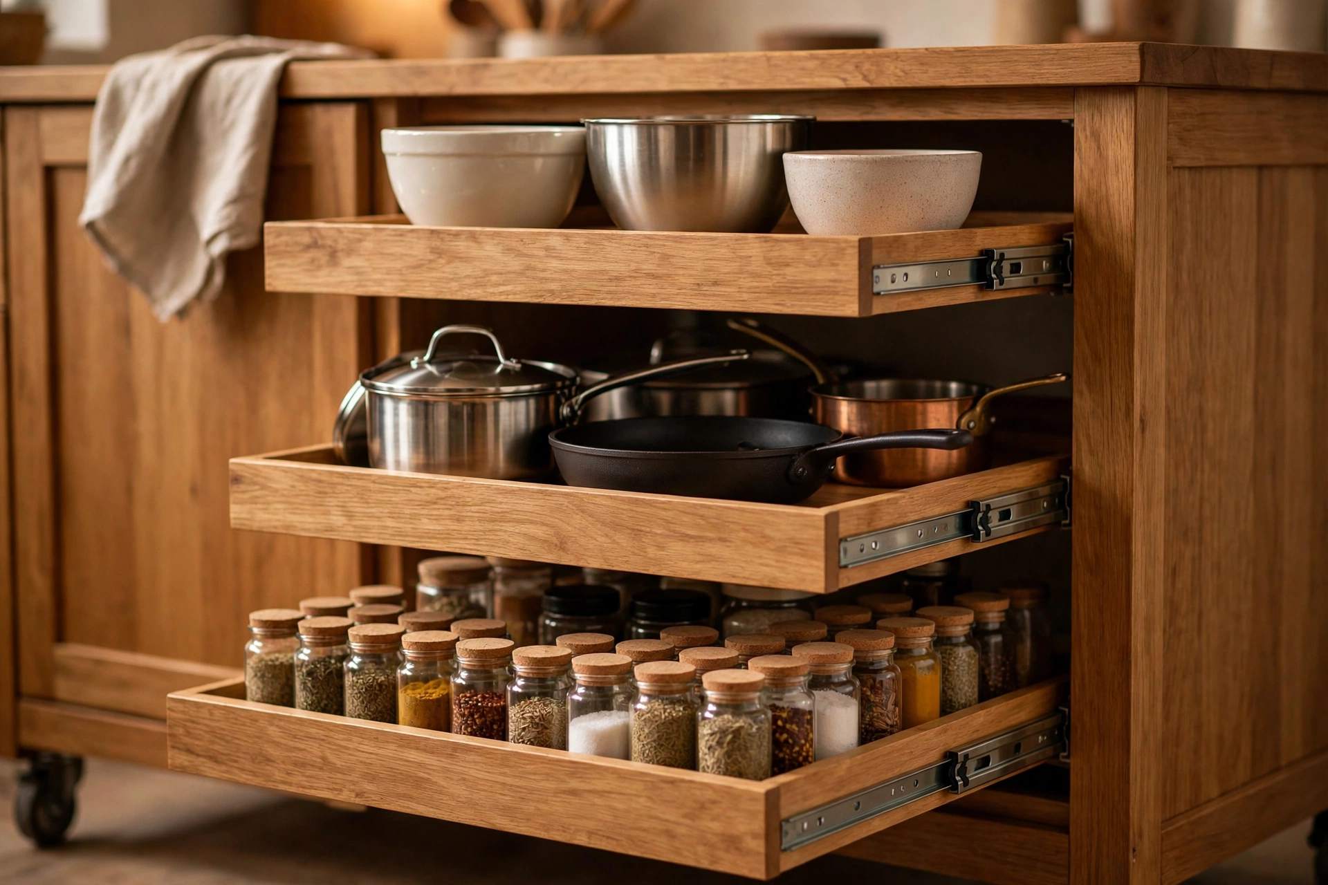 Three-tier pull-out organizer inside a kitchen storage cart holding pots and spice jars
