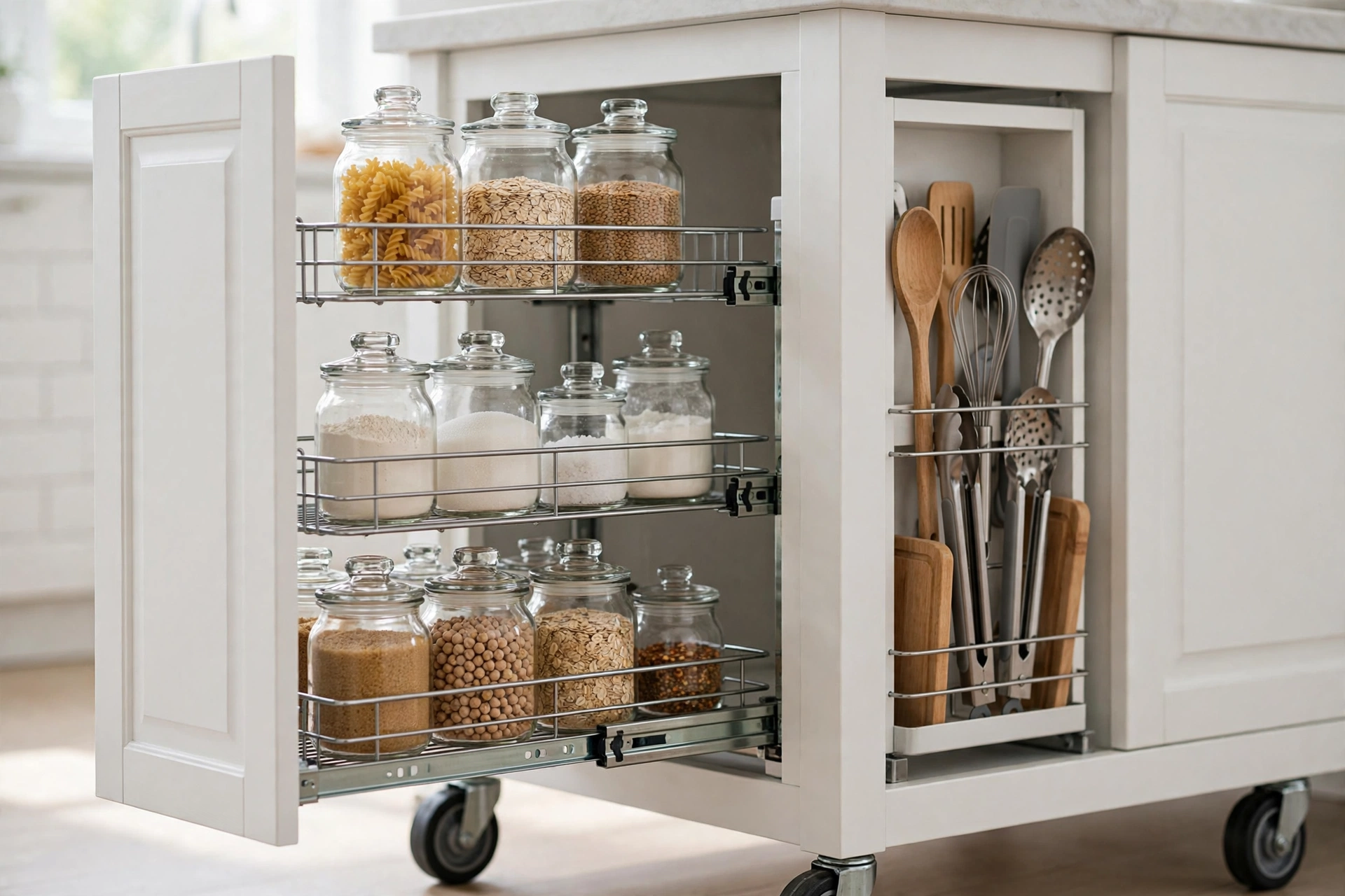 Pull-out storage organizer inside a kitchen island with drop leaf