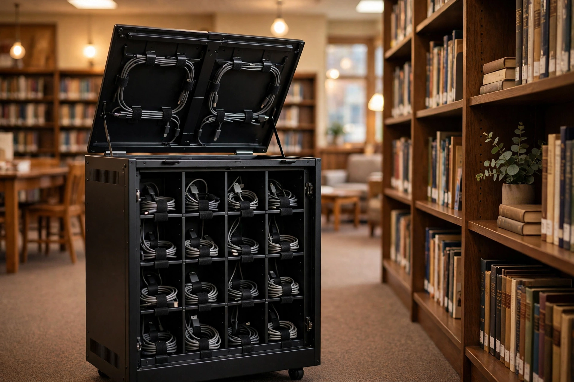 laptop charging cabinet with open top cover showing organized cable management