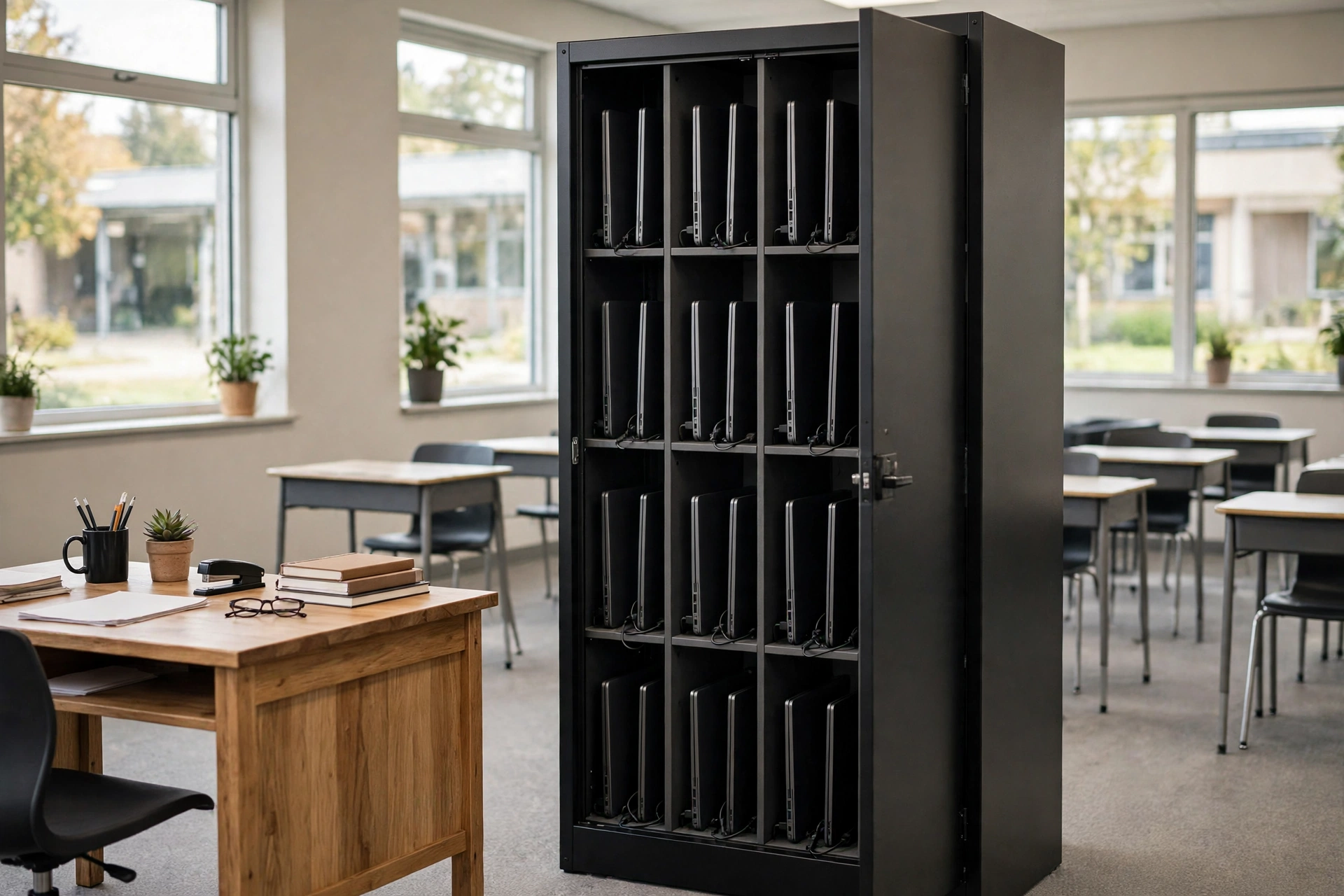 16-compartment locking laptop charging cabinet in a bright elementary classroom