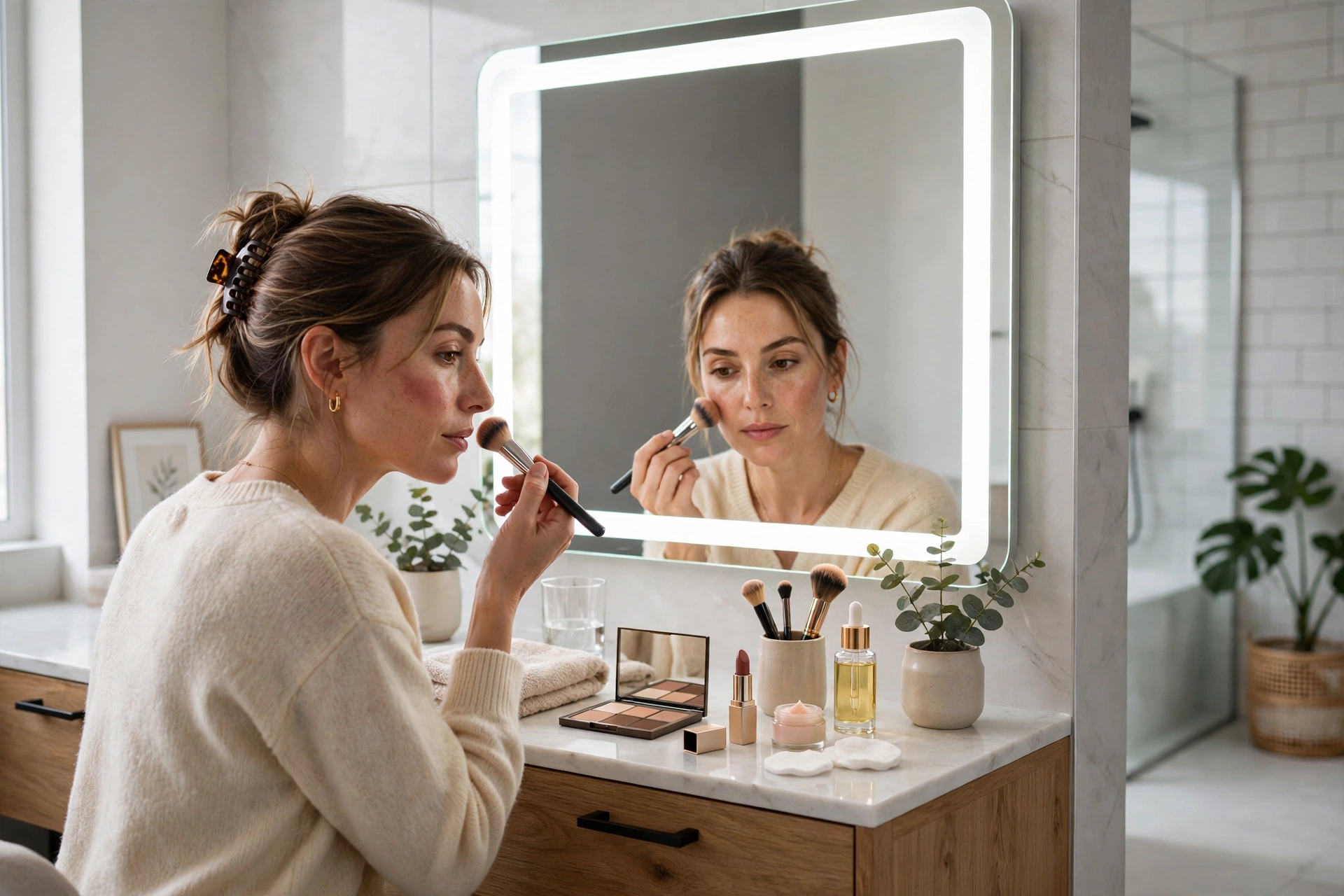 Woman applying makeup under a dimmable vanity mirror with daylight glow