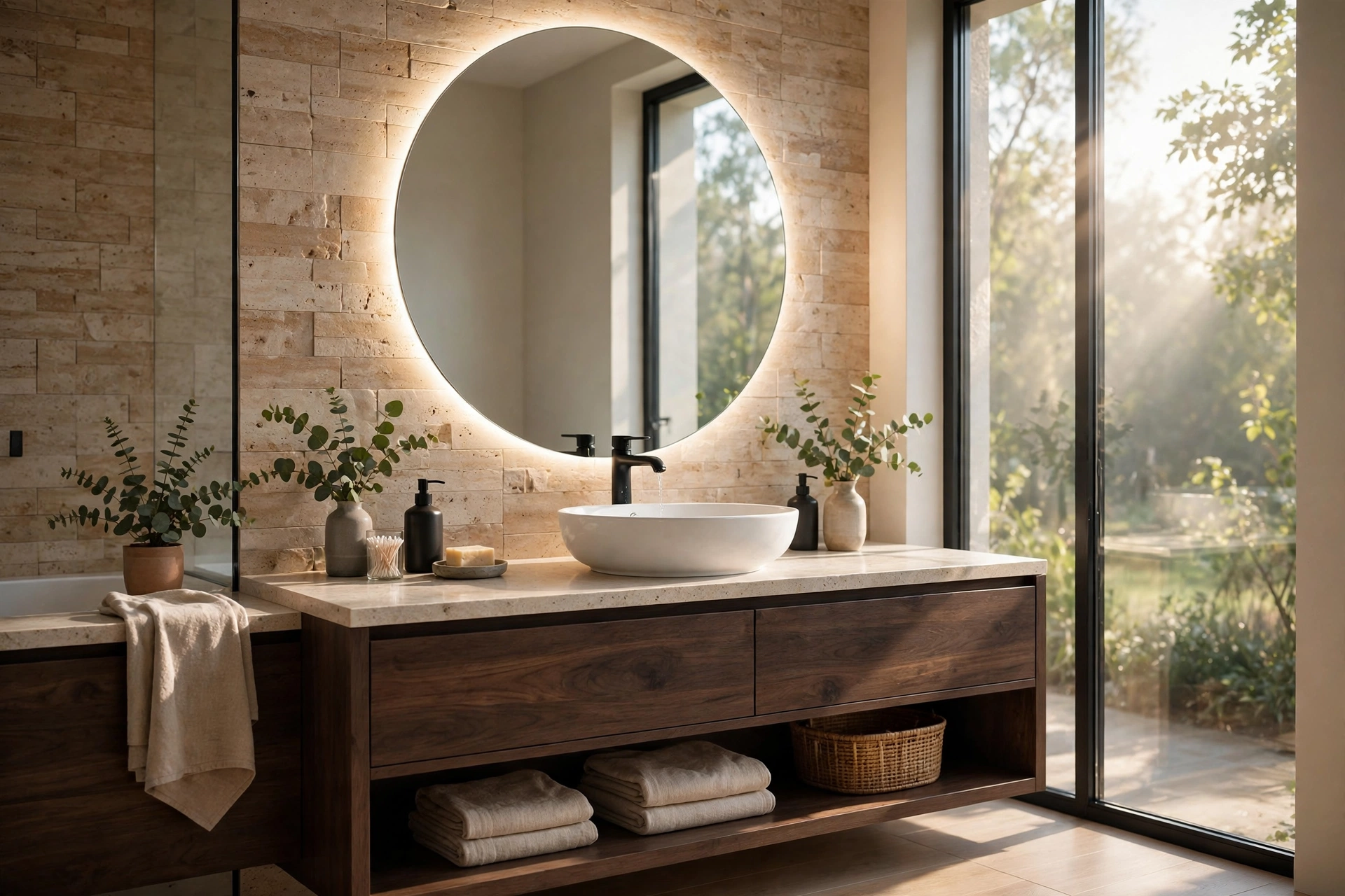 LED bathroom mirror with warm halo glow above a modern vanity sink