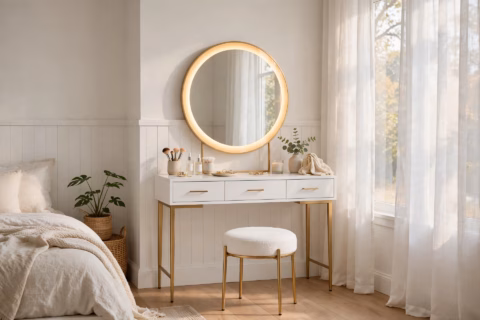 White makeup vanity with lights, round LED mirror, gold legs and cushioned stool in a bright bedroom