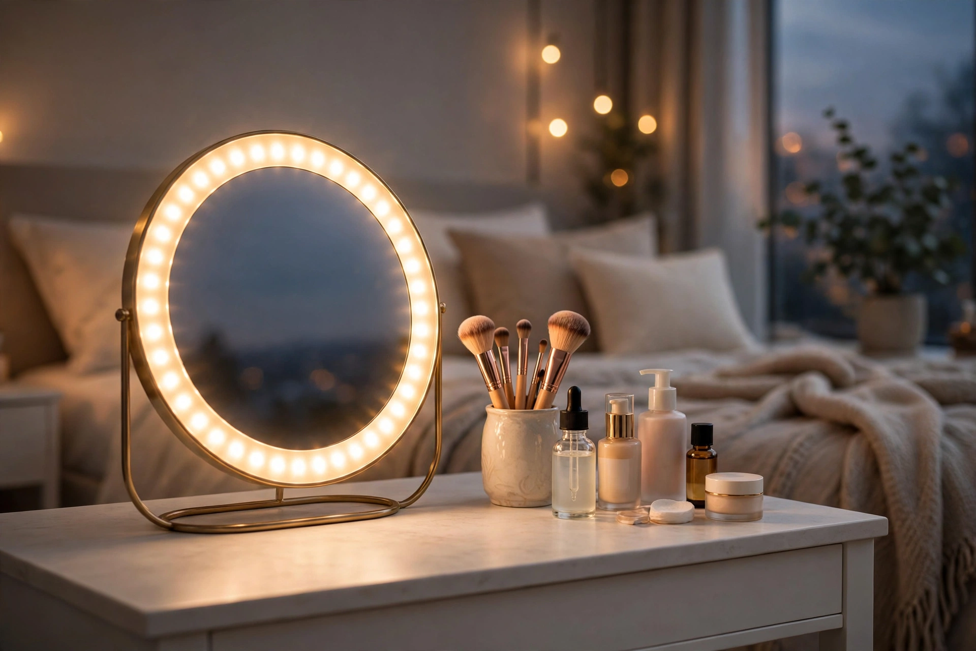 Round LED vanity mirror glowing warm on a makeup vanity with lights at dusk, brushes and cosmetics beside it