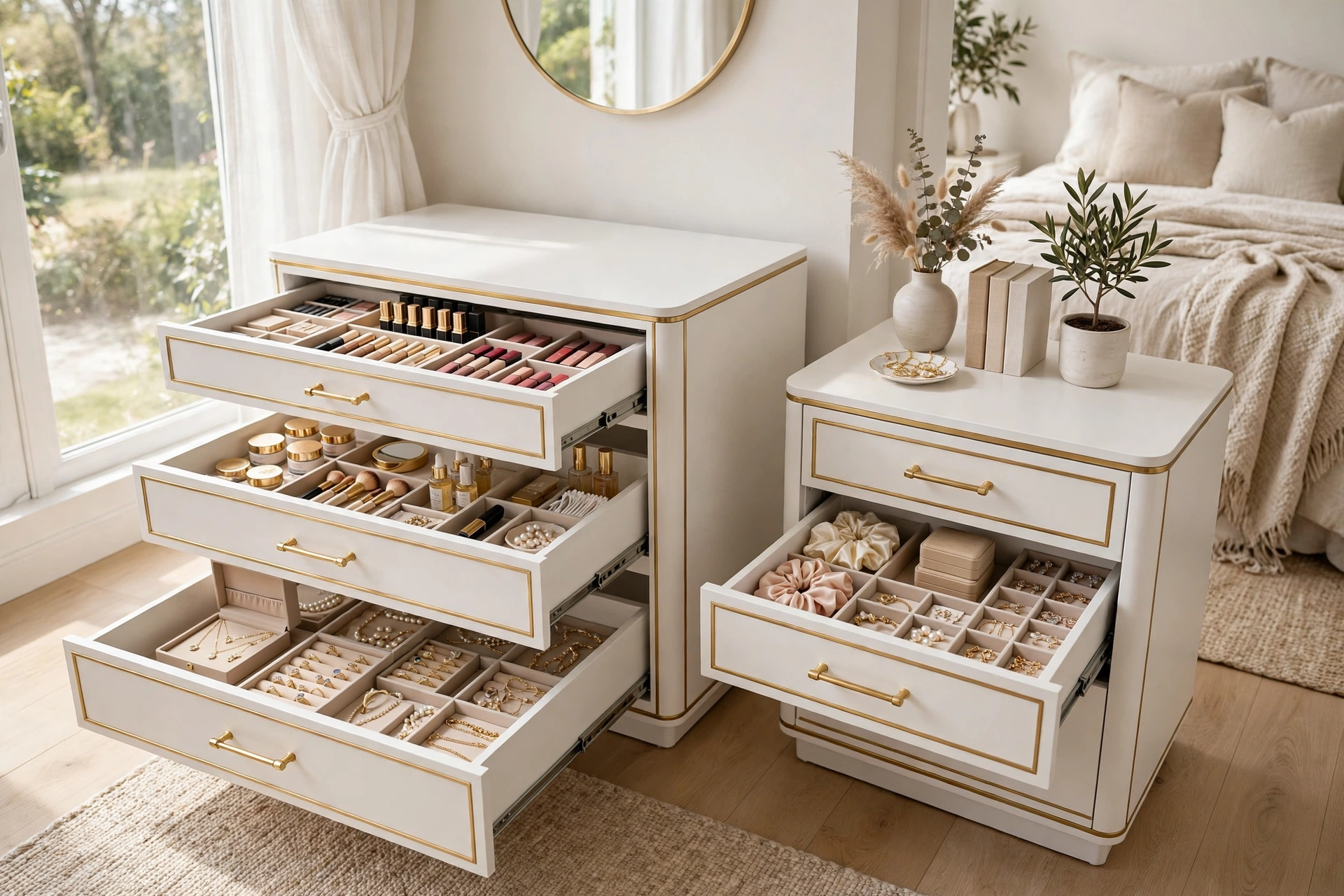 Open drawers of a white and gold makeup vanity with lights showing organized cosmetics and jewelry