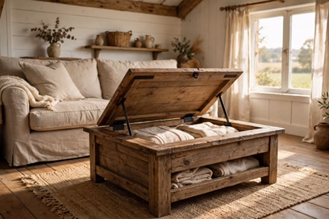 Lift top coffee table with storage styled in a farmhouse living room