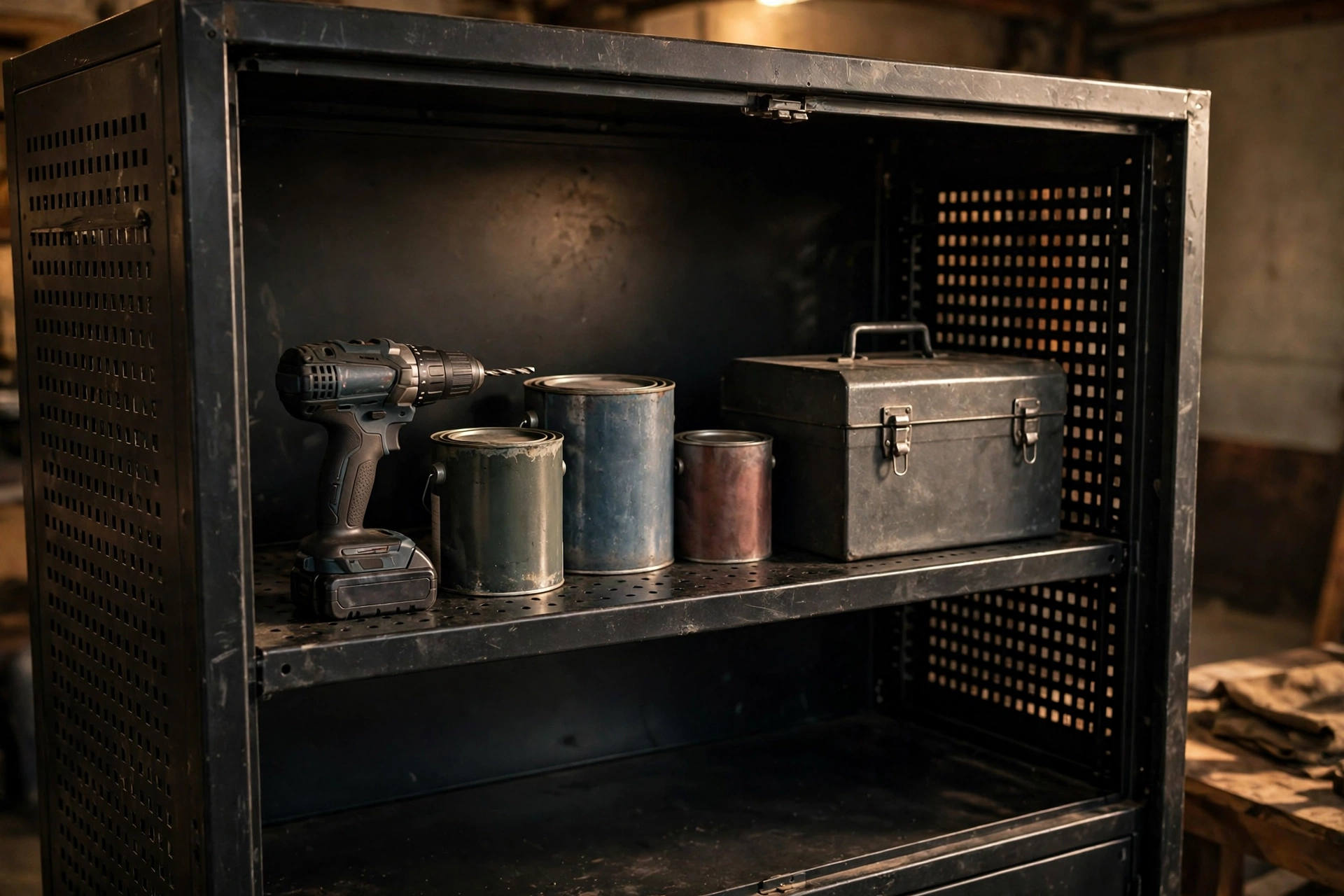 Adjustable shelves inside a lockable garage tool cabinet holding drills and paint cans