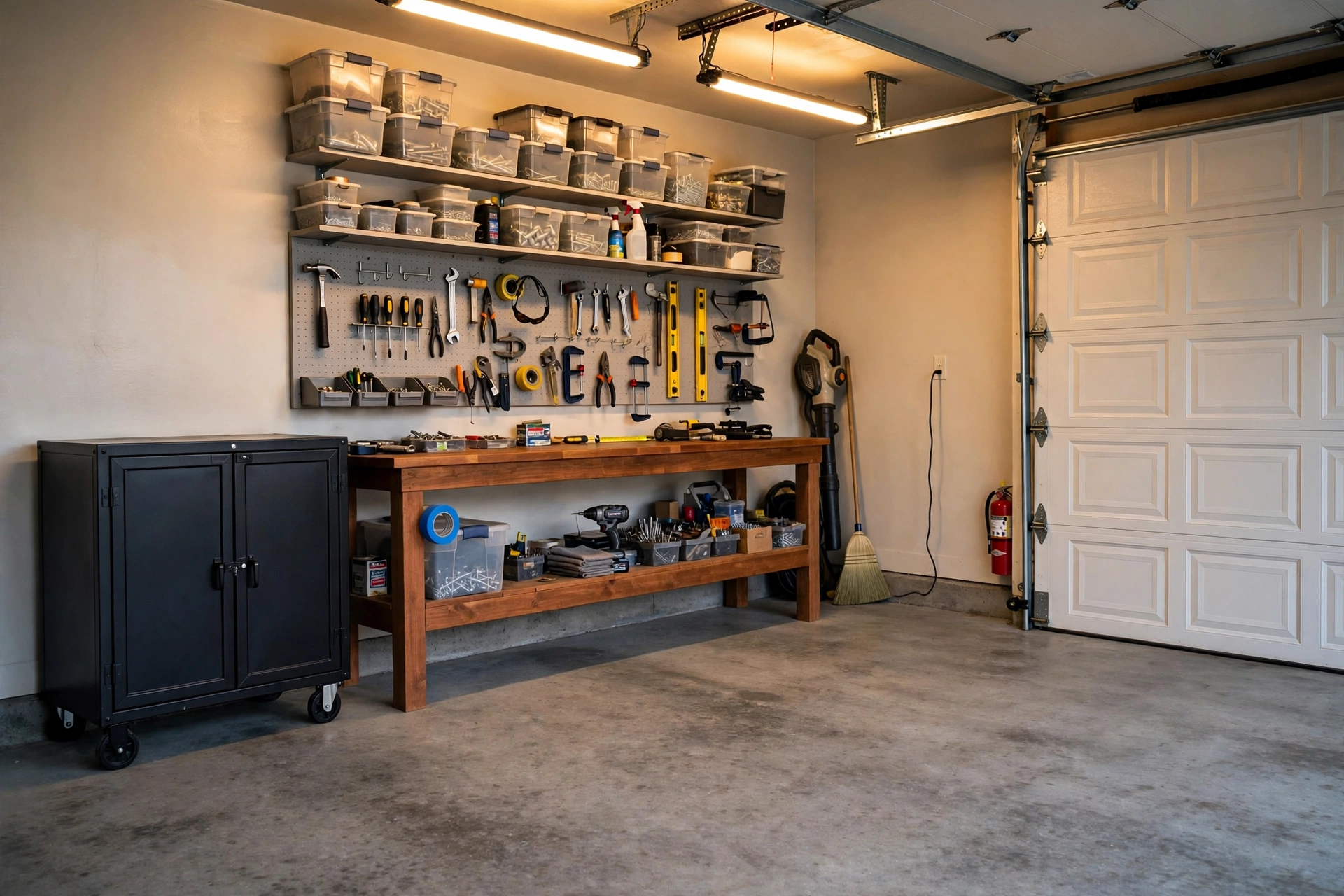 Black lockable garage tool cabinet with wheels in a tidy home garage