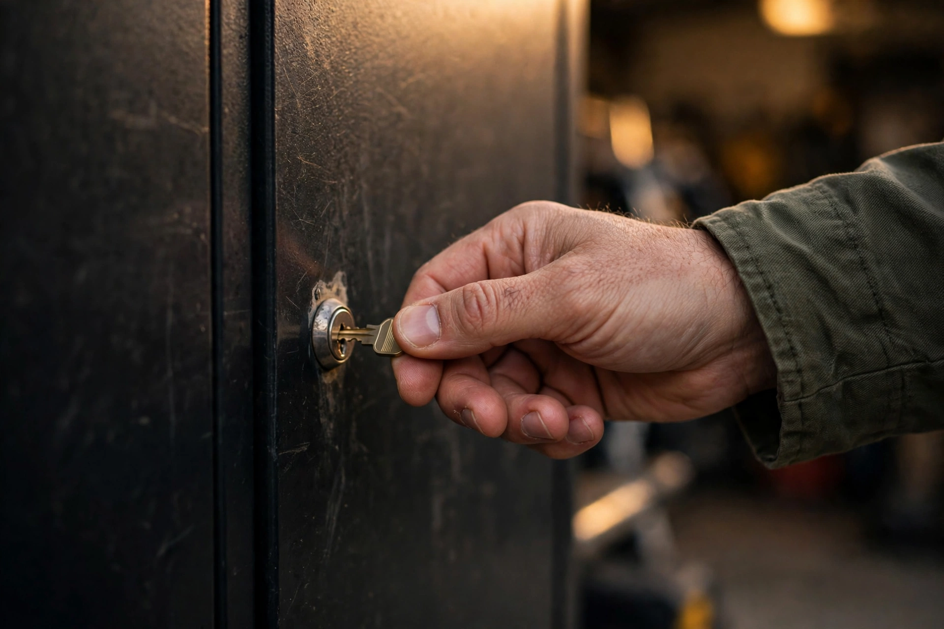 Hand turning the key in the door lock of a lockable garage tool cabinet
