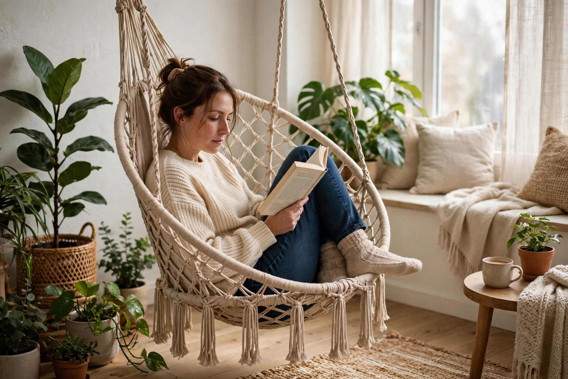 Woman reading in a macrame hammock swing chair in a bright living room corner