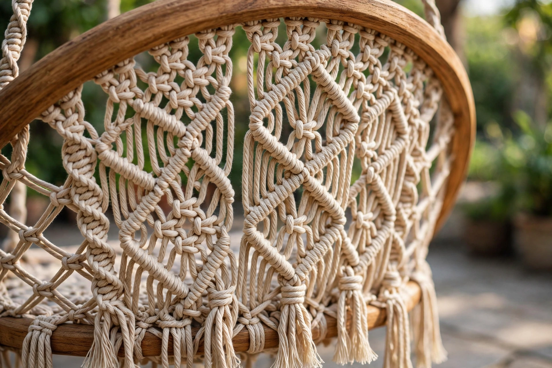 Close-up of cotton macrame weave on a macrame hammock swing chair