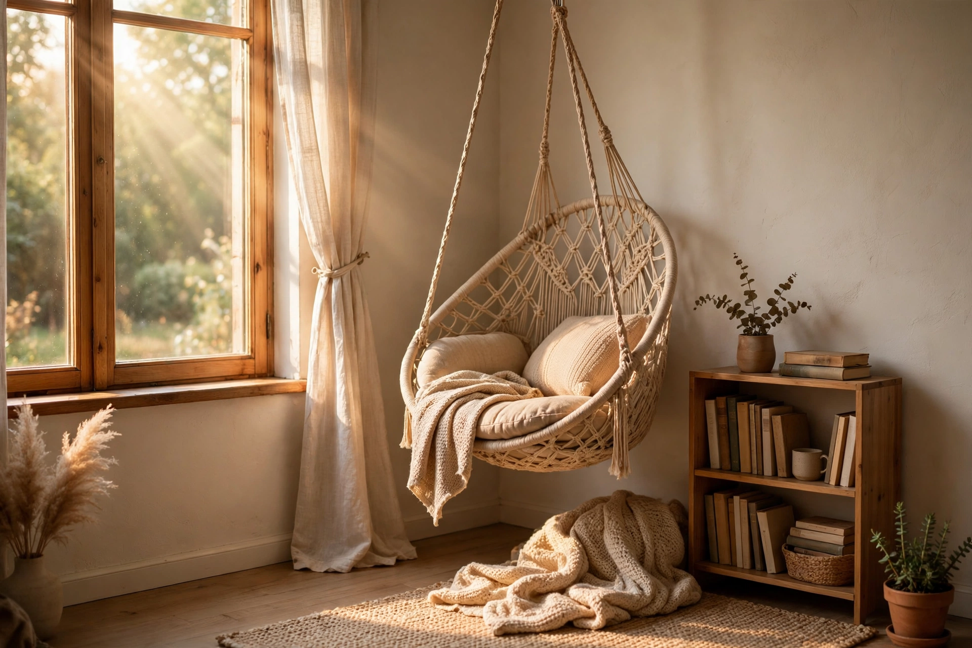 Macrame hammock swing chair hanging in a cozy bedroom reading nook