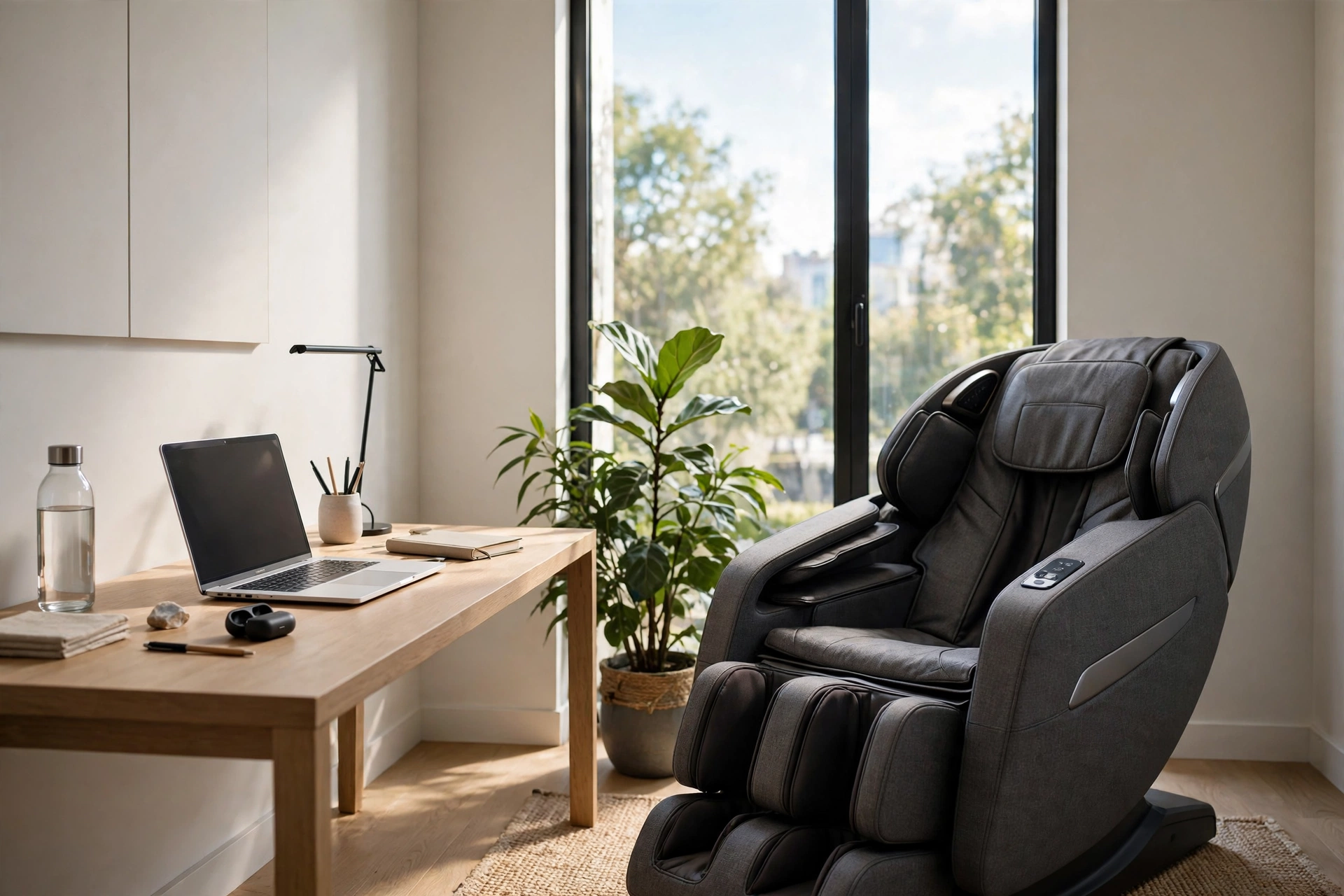 Full body massage chair placed in a bright home office corner
