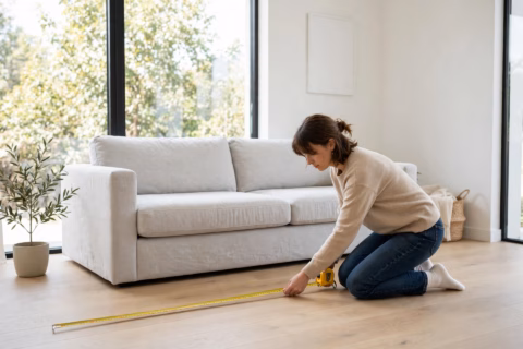 Woman using a tape measure to learn how to measure for furniture in a living room