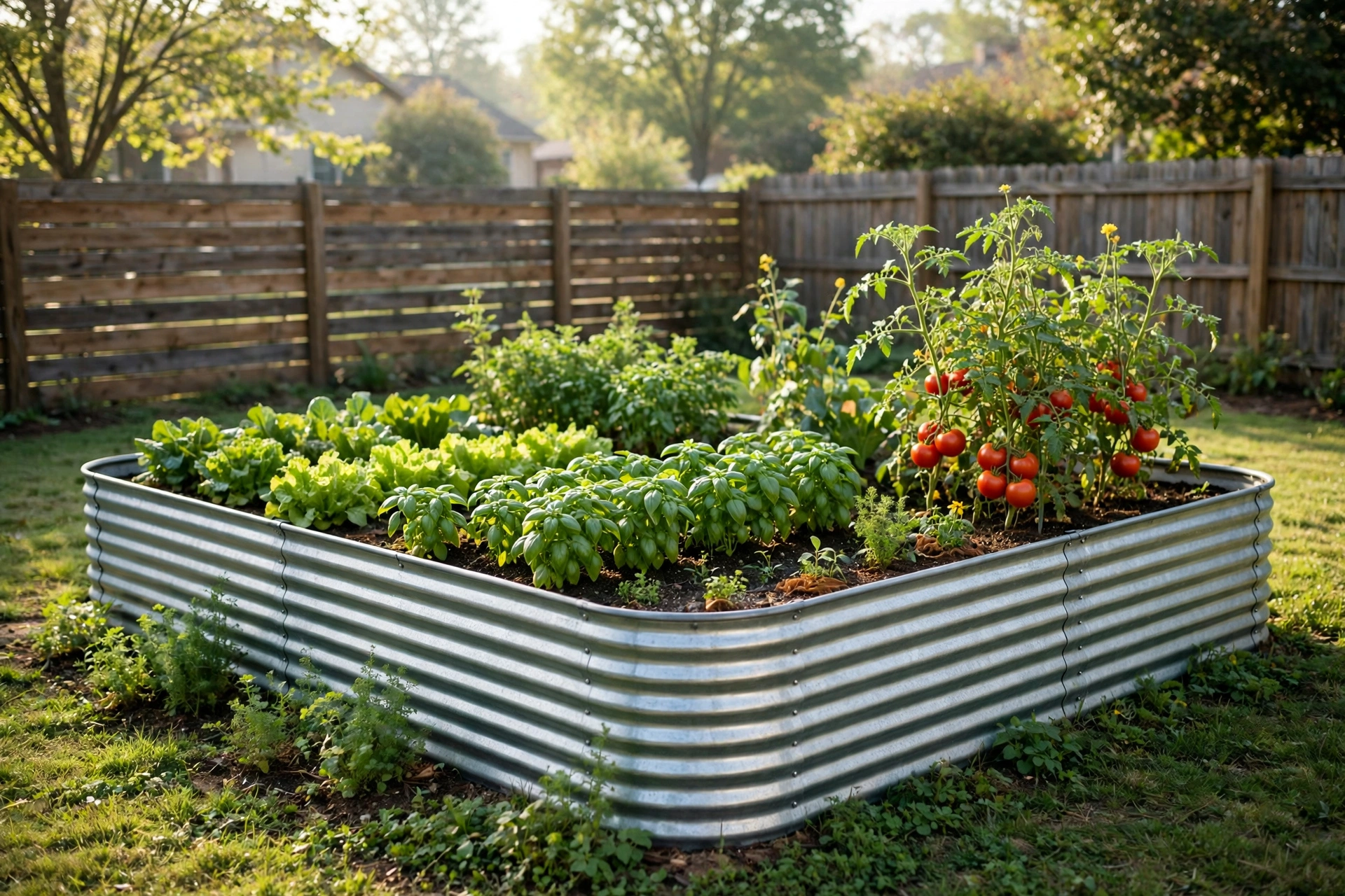metal raised garden bed kit planted with vegetables in a sunny backyard