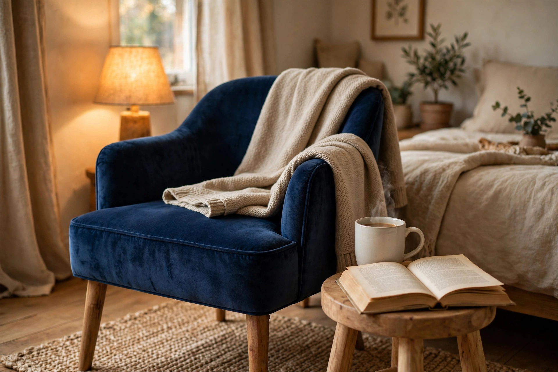 Small bedroom reading nook with a navy velvet accent chair and wooden side table