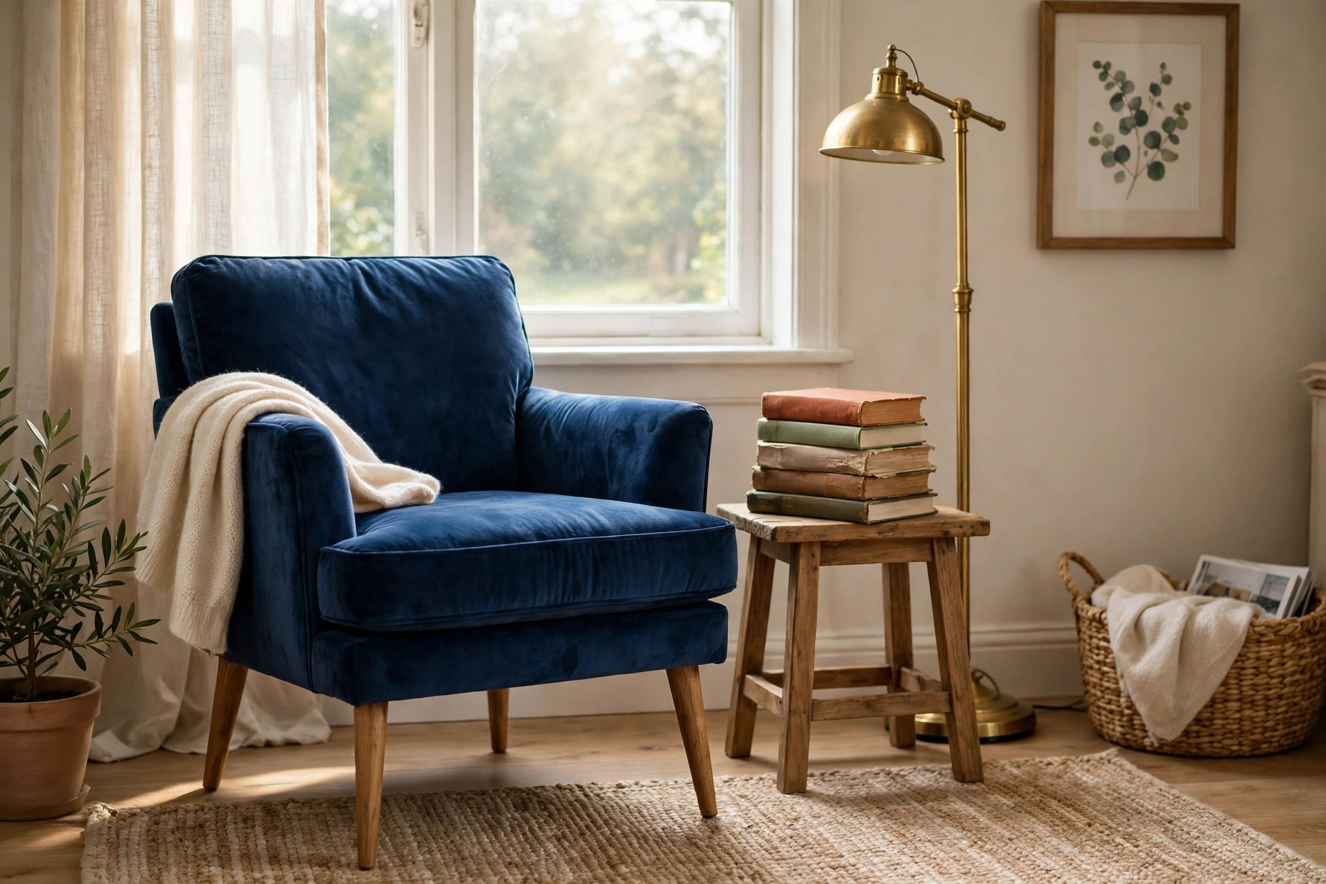 Navy velvet accent chair with wooden legs in a cozy reading corner