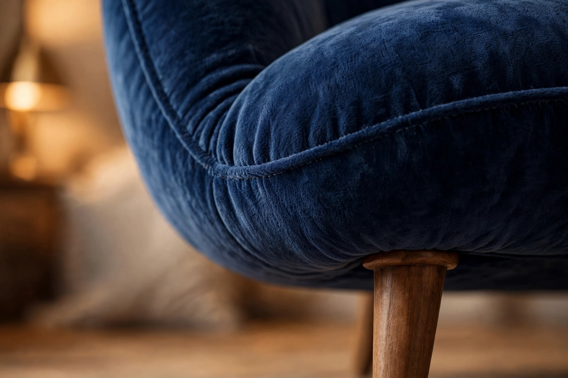 Close-up of navy velvet fabric texture on an accent chair with wooden legs