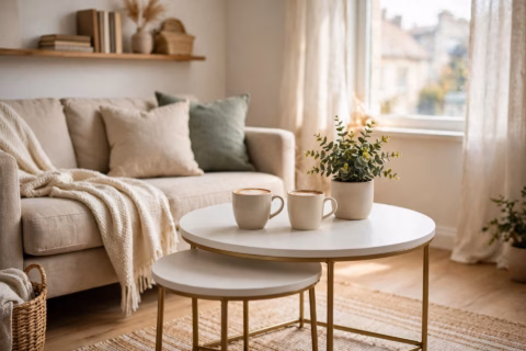 Round white nesting coffee table with gold legs in a small apartment living room