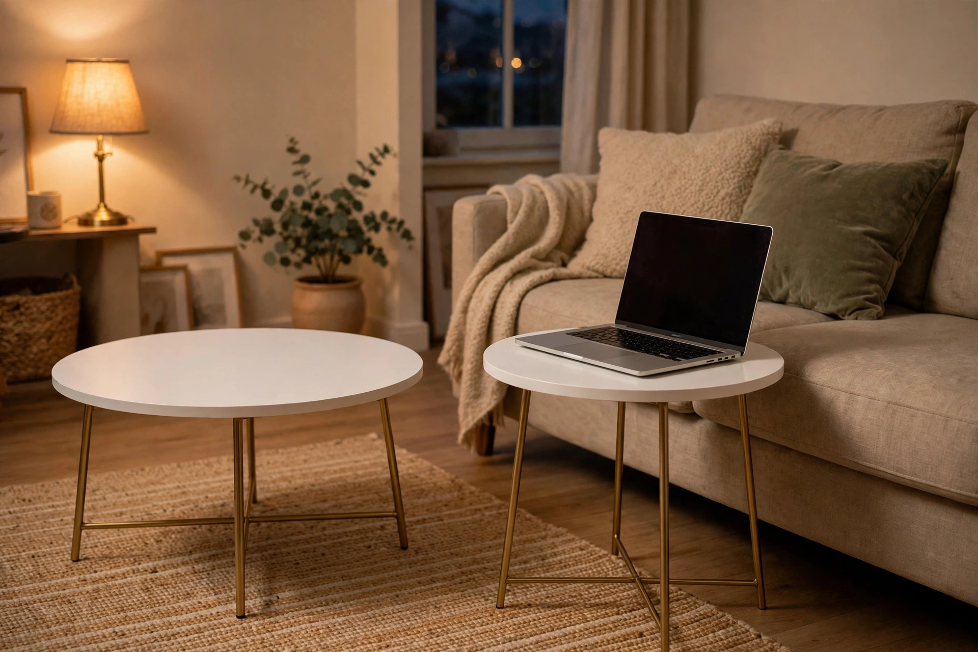 Nesting coffee tables pulled apart as side tables beside a sofa