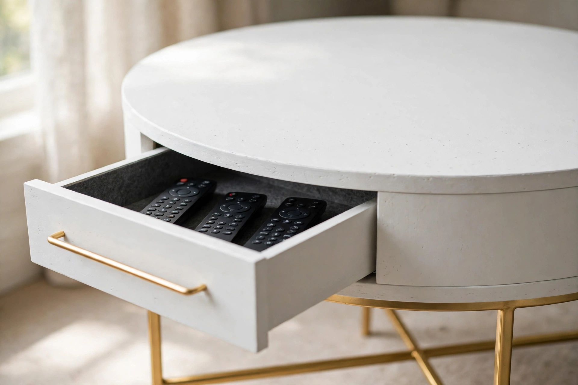 Storage drawer detail on a white nesting coffee table with gold legs
