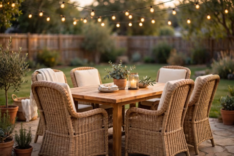 Outdoor patio dining set at golden hour on a backyard patio