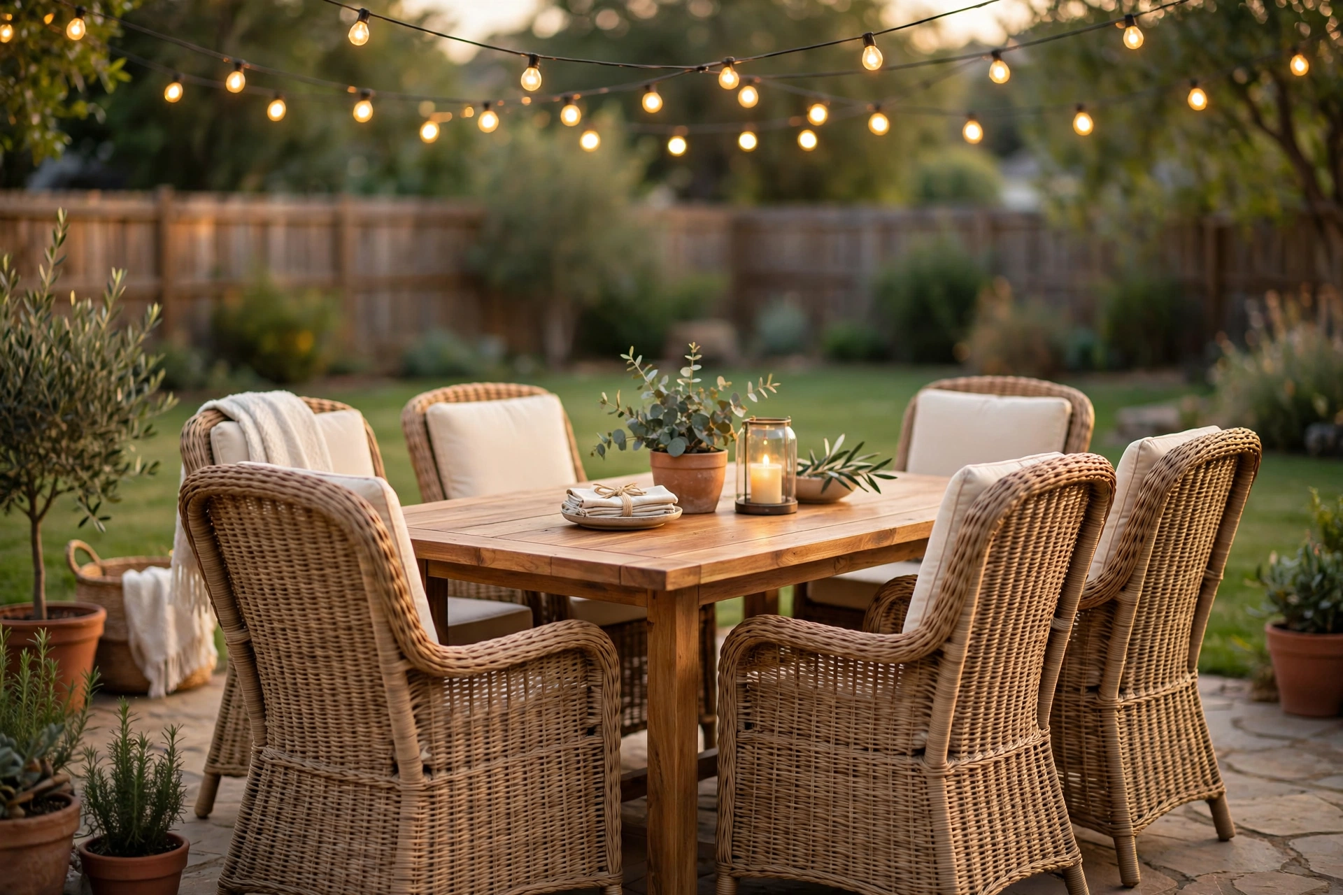 Outdoor patio dining set at golden hour on a backyard patio