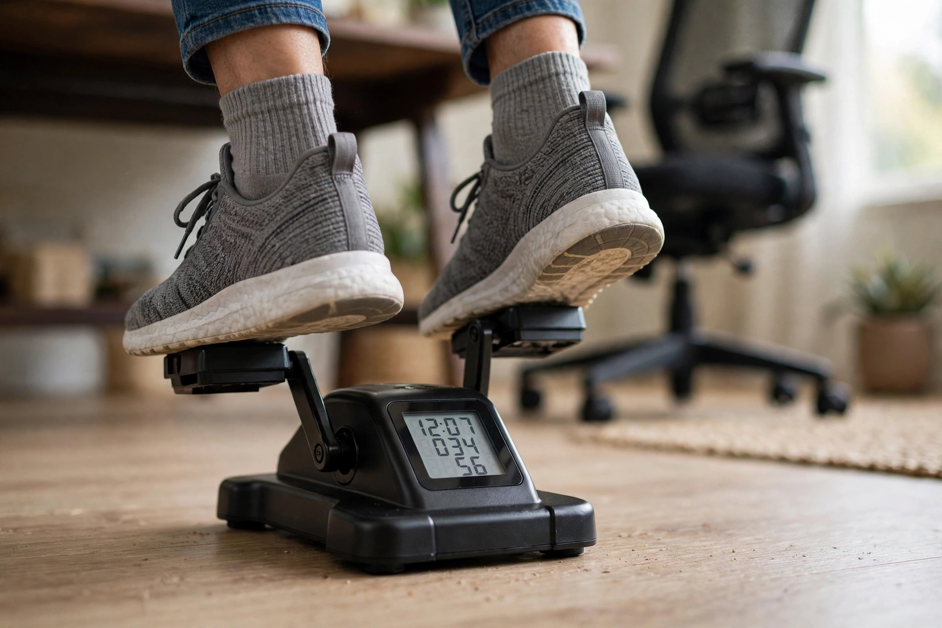 Feet pedaling an under desk pedal exerciser with LCD display showing workout stats
