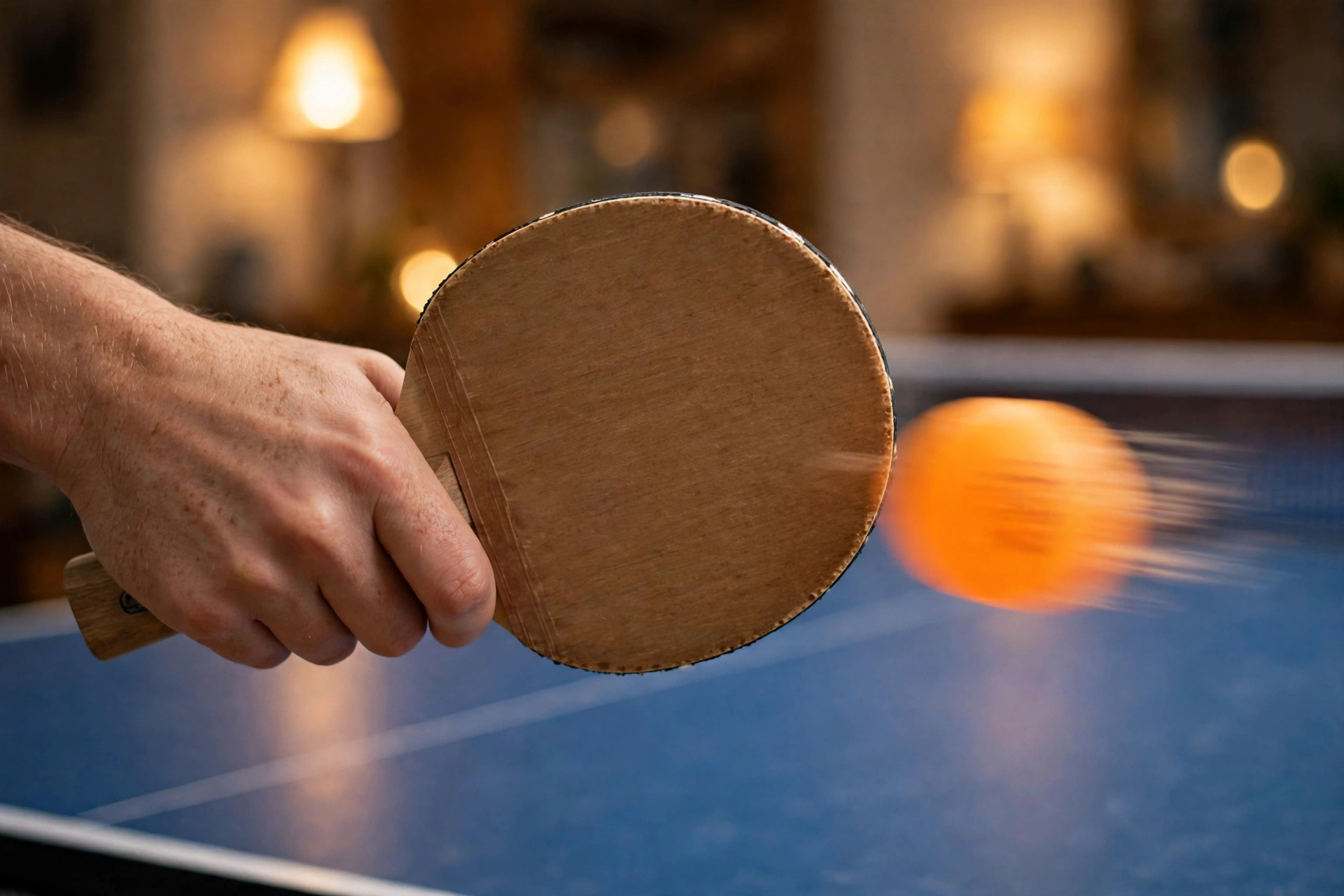 Ping pong paddle striking an orange ball on a foldable ping pong table
