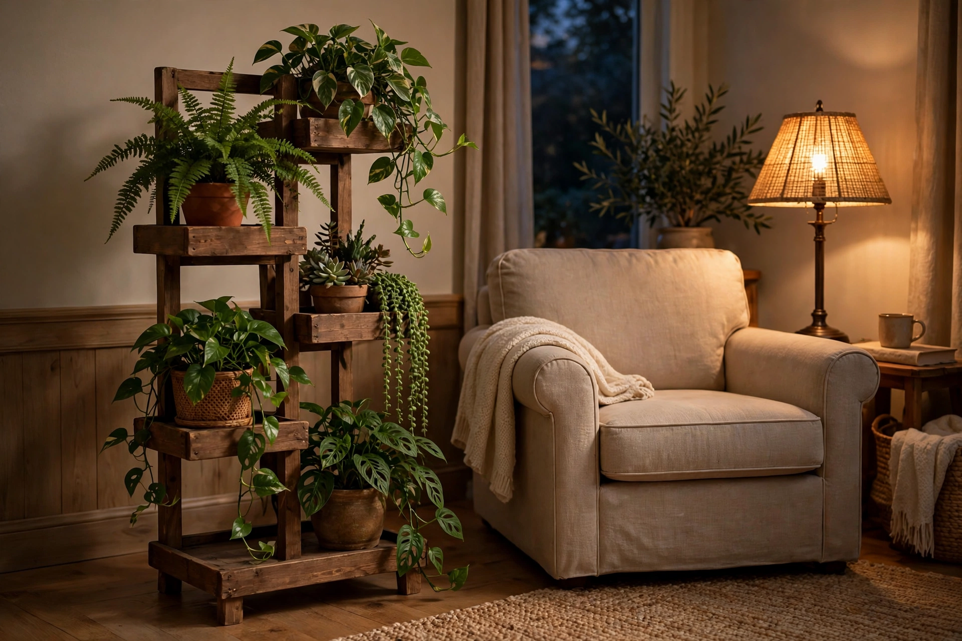 Cozy reading nook with an indoor plant stand full of houseplants beside an armchair