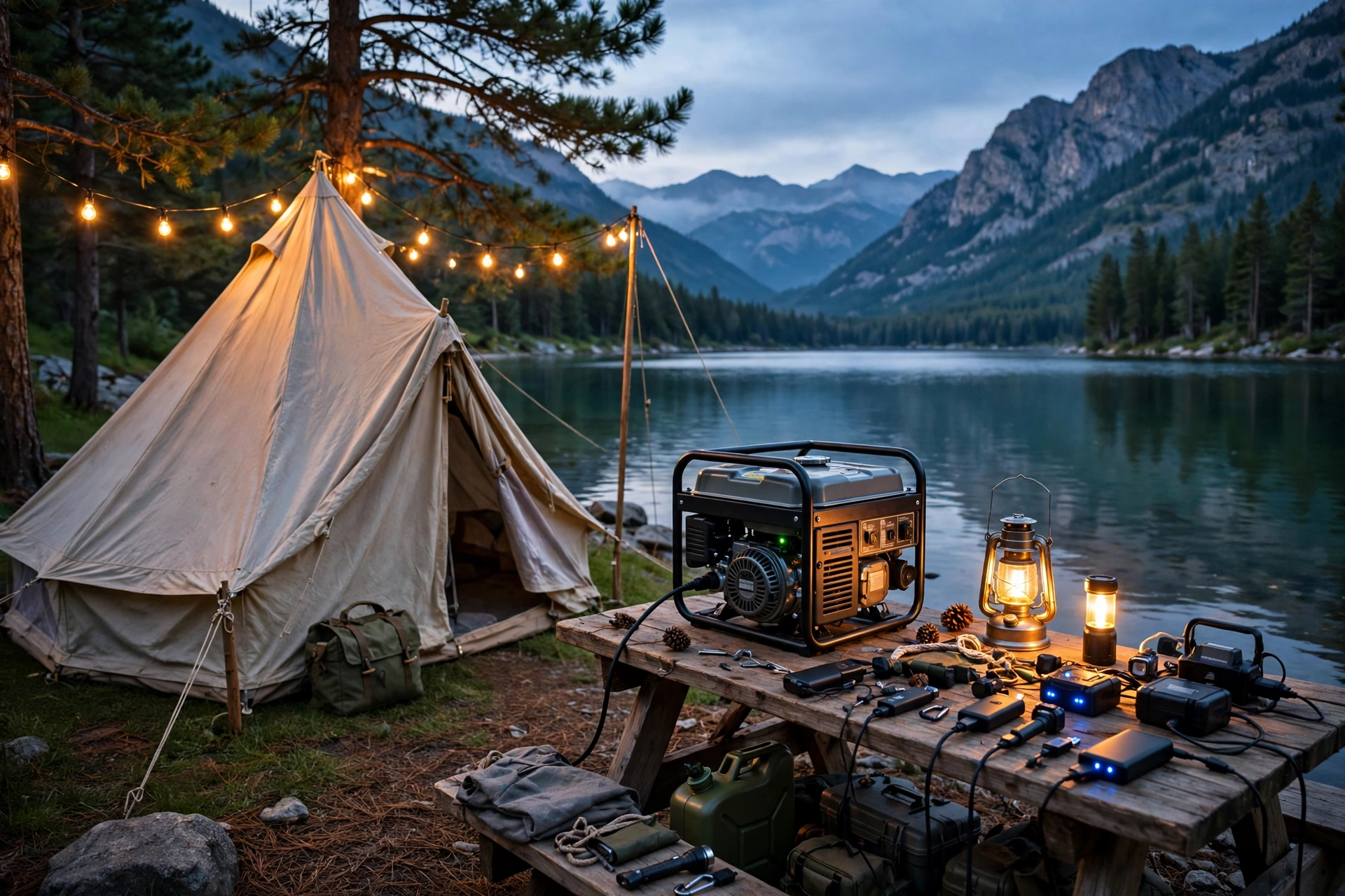 Portable generator for camping powering campsite lights at dusk