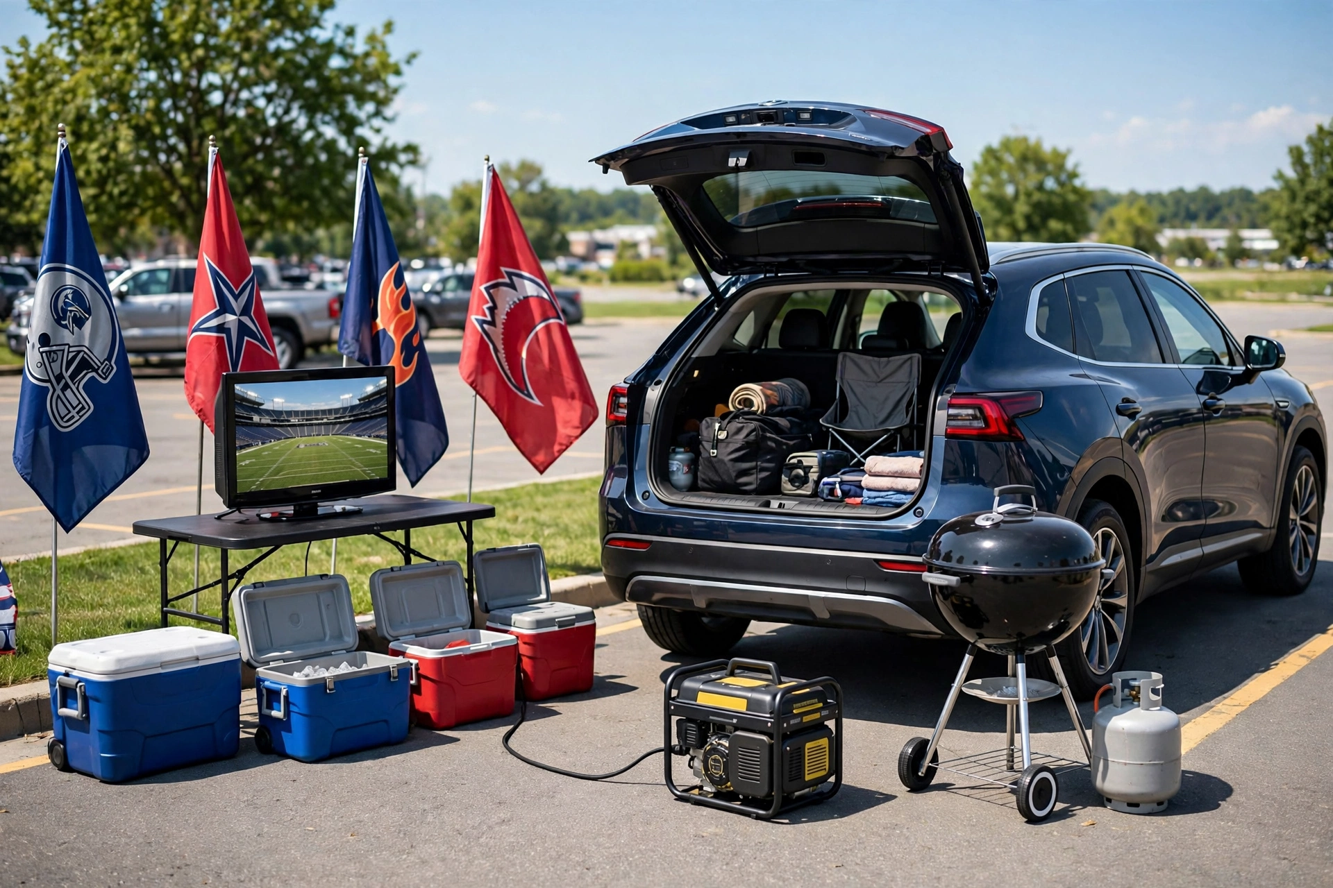 Gas powered portable generator running a TV at a tailgate party